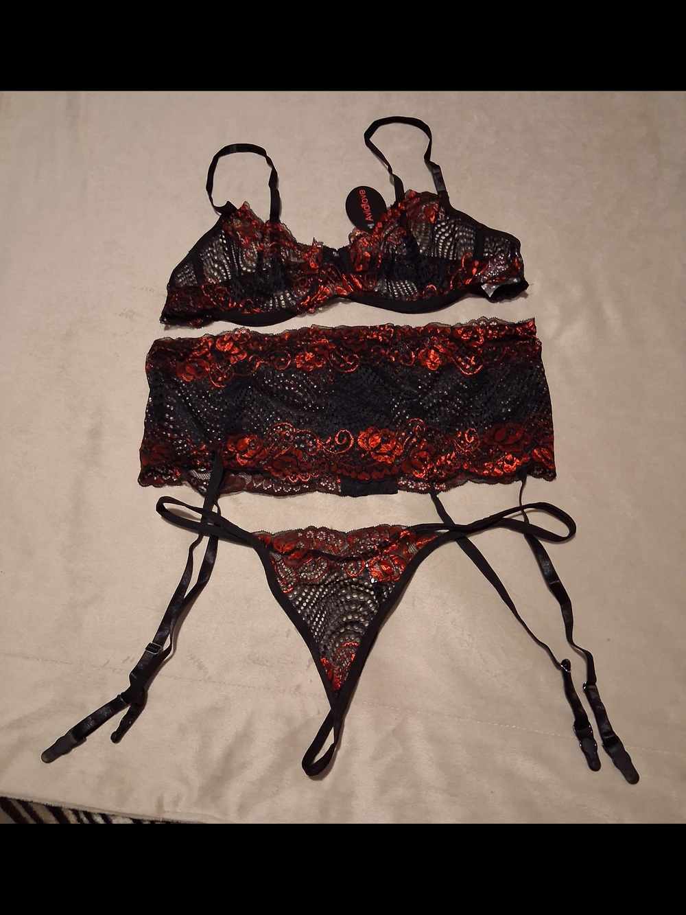 AVIDLOVE- Black & Red Lace Three-Piece Lingerie Set - Women Intimates